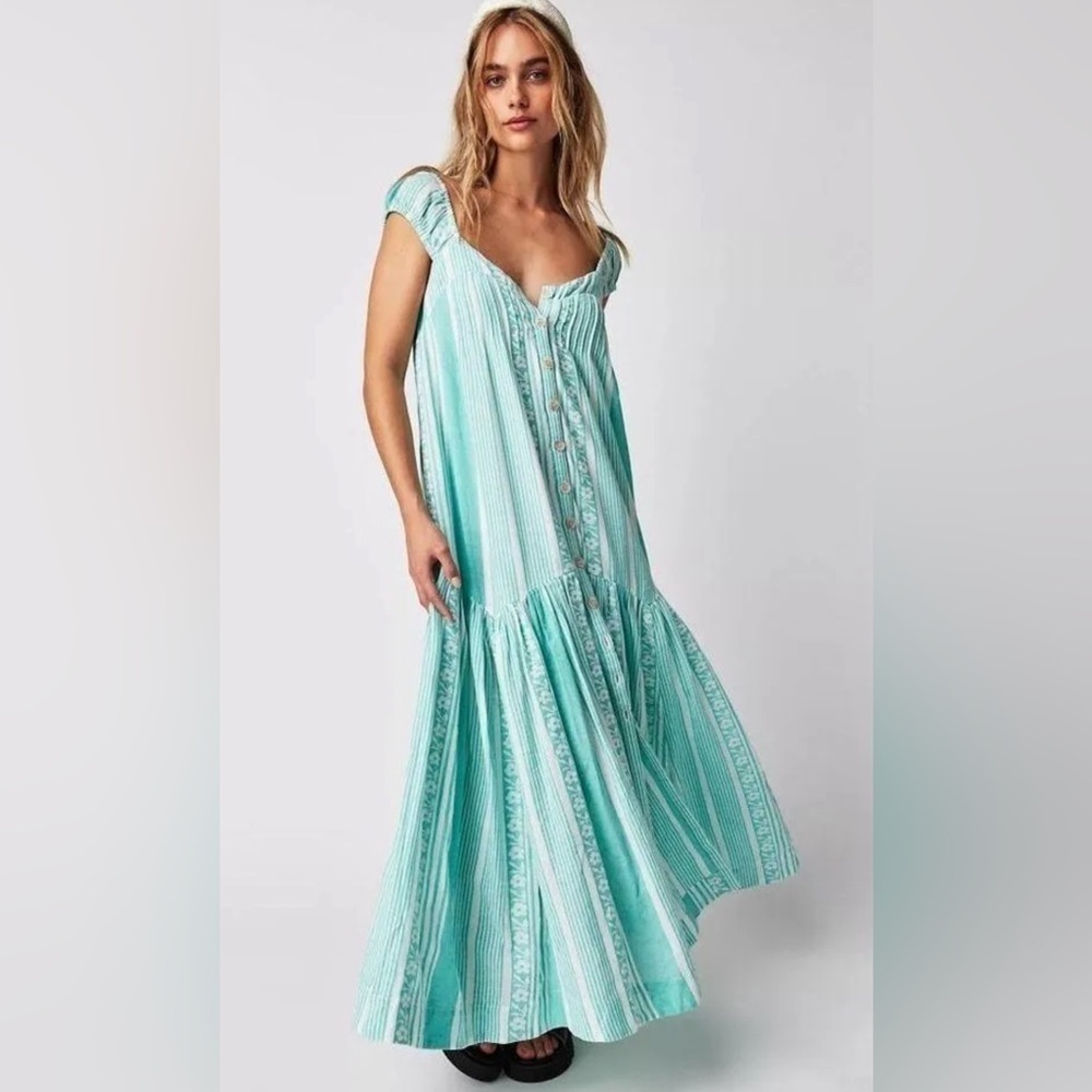 NWT FREE PEOPLE Mabel Maxi Dress in Teal Undyed Combo Size Small